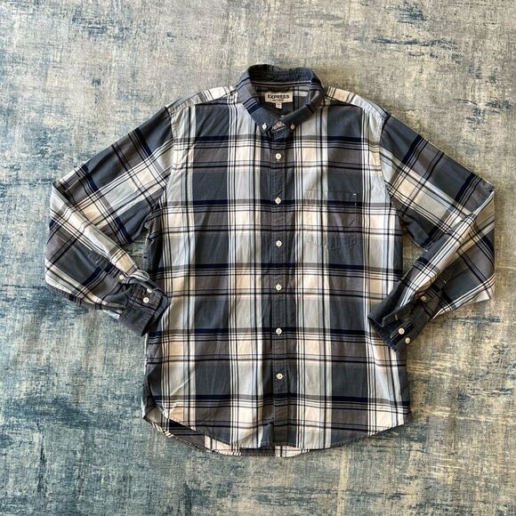 Mens Express Soft Wash Blue Gray White Casual Button Down Plaid Shirt Large - Picture 1 of 5